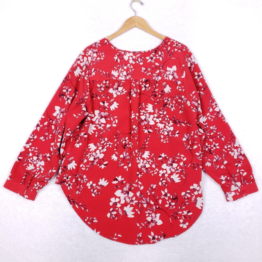 Ava & Viv Red Floral Split Neck Blouse 1X Long Sleeve Plus Size Lightweight - Picture 6 of 10